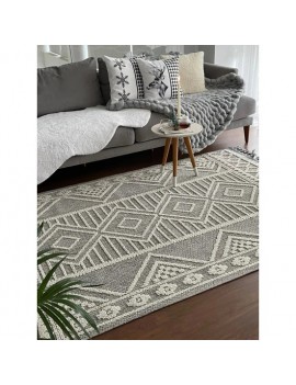 Gümüşsuyu Deco Delta Gri Krem Dekoratif Yüksek Kalite Modern Kabartmalı Etnik Iskandinav Desenli Örgü Saçaklı Salon Yıkanılabilir Makine Dokuma Halısı Kilim